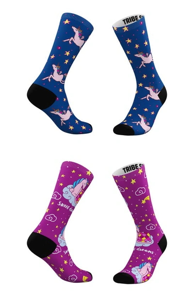 Shop Tribe Socks Assorted 2-pack Sweet Dreams & Starry Skies Crew Socks In Blue Purple Multi