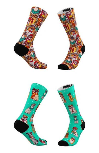 Shop Tribe Socks Assorted 2-pack Hipster Cats & Hipster Pets Crew Socks In Teal Multi