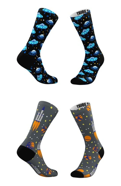 Shop Tribe Socks Assorted 2-pack Alien & Rocket Crew Socks In Blue Grey Multi