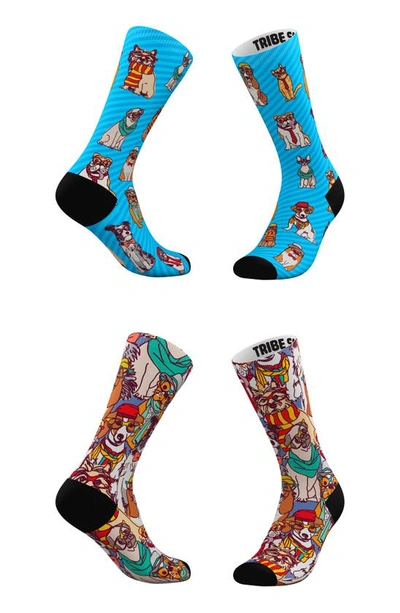 Shop Tribe Socks Assorted 2-pack Hipster Pets & Hipster Dogs Crew Socks In Blue Stripe Multi
