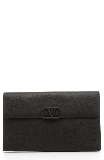 Shop Valentino Large Vlogo Leather Clutch In Nero