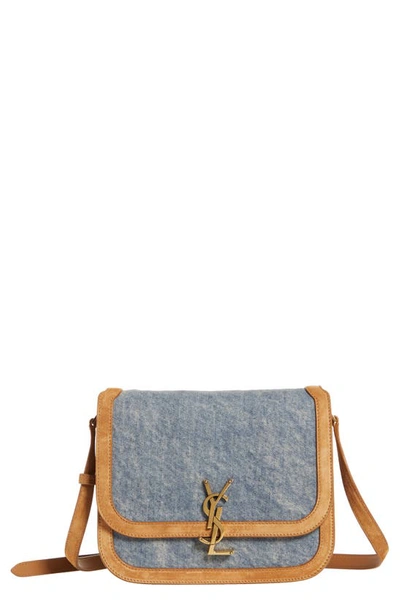 Shop Saint Laurent Solferino Denim & Suede Shoulder Bag In Rodeo Blue/cinnamon