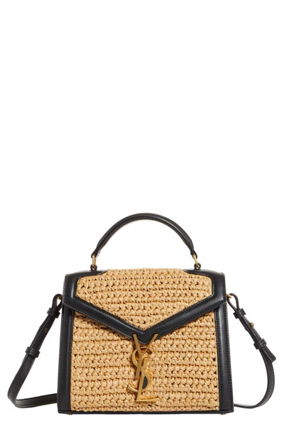 Shop Saint Laurent Mini Cassandra Woven Top Handle Bag In Naturale/ Nero