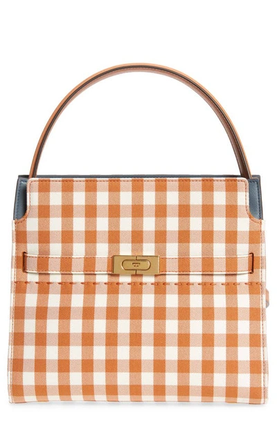 Shop Tory Burch Small Lee Radziwill Gingham Double Bag Satchel In Ochre Gingham