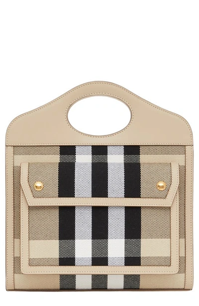 Shop Burberry Mini Check Pocket Shoulder Bag In Dusty Sand/ Soft Fawn
