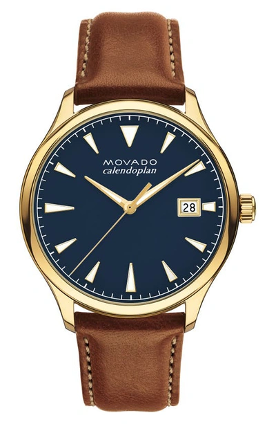 Shop Movado Heritage Calendoplan Leather Strap Watch, 42mm In Cognac/ Blue/ Gold