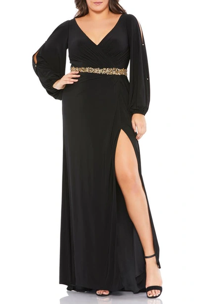 Shop Mac Duggal Split Long Sleeve Jersey Gown In Black