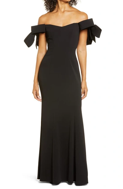Shop Badgley Mischka Off The Shoulder Bow Sleeve Mermaid Gown In Black