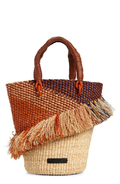 Shop A A K S Tia Ruffle Raffia Bucket Bag In Orange/ Natural/ Navy/ Brown