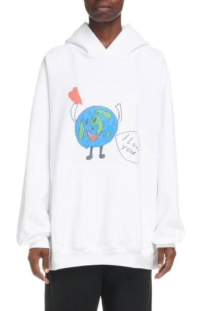 Shop Balenciaga Love Earth Oversize Graphic Hoodie In White/black