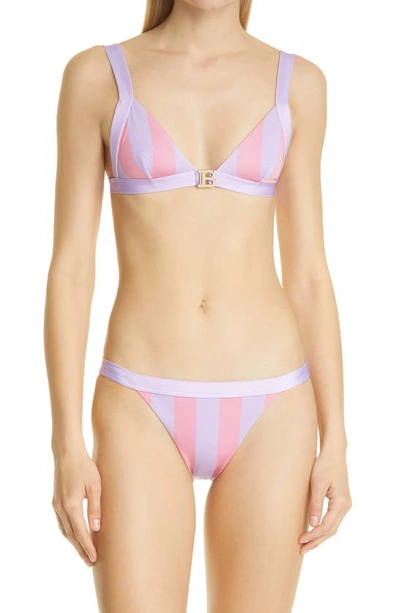 Shop Balmain Stripe Two-piece Swimsuit In Lilac/ Coral Pink/ Lilac