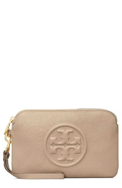 Shop Tory Burch Perry Leather Wristlet In Gray Heron