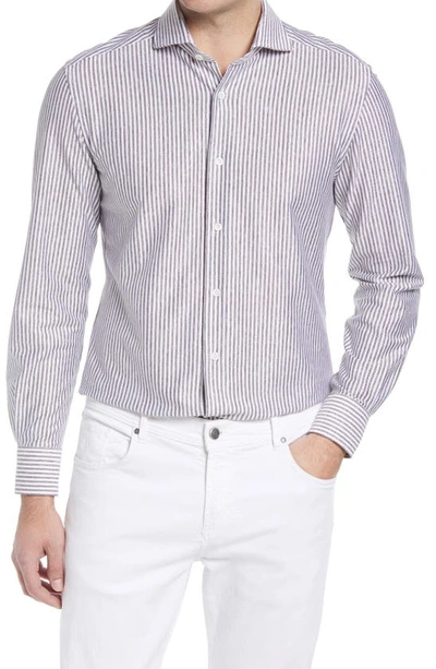 Shop Corneliani Stripe Linen & Cotton Dress Shirt In Brown