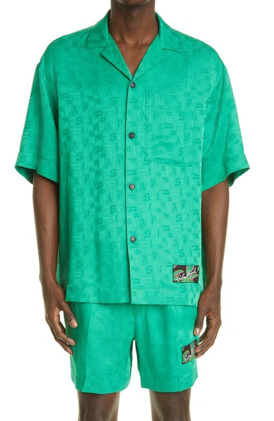 Shop Palm Angels Monogram Jacquard Bowling Shirt In Green White