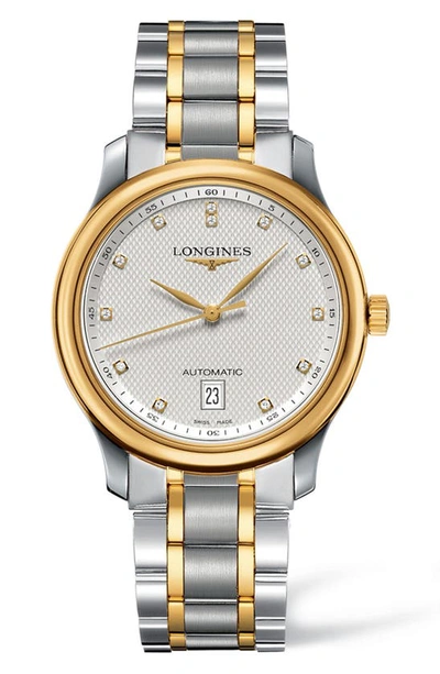 Shop Longines Master Automatic Diamond Bracelet Watch, 38.5mm In Silver/ Gold