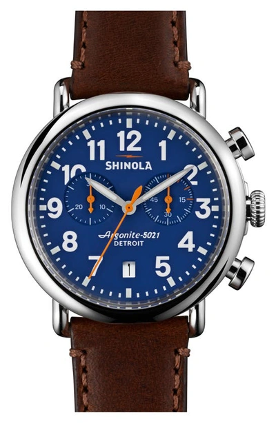 Shop Shinola 'the Runwell Chrono' Leather Strap Watch, 41mm In Dark Brown/ Blue/ Silver