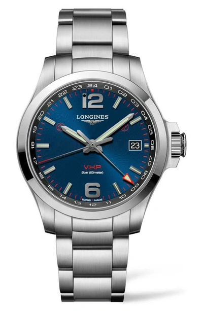Shop Longines Conquest V.h.p. Bracelet Watch, 41mm In Gunmetal/ Blue