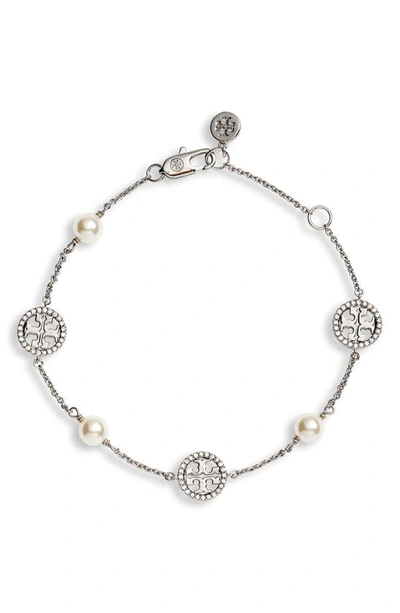 Shop Tory Burch Pave Logo Bracelet In Tory Silver/ Crystal/ Pearl