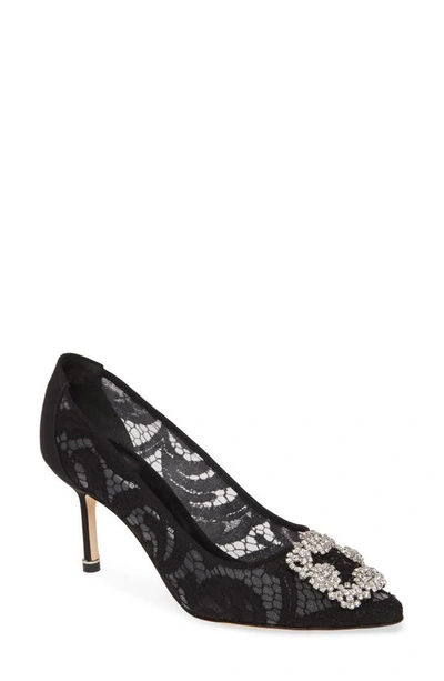 Shop Manolo Blahnik Hangisi Pointed Toe Pump In Black Satin/ Clear