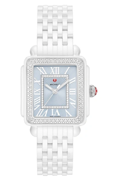 Shop Michele Deco Madison Mid Diamond Watch Head & Ceramic Bracelet, 16mm In White/ Blue/ Silver