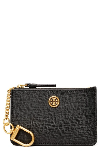 Tory Burch Robinson Leather Card Case With Key Chain In Black | ModeSens