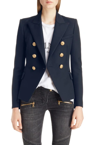 Balmain Black Double-breasted Jacket With Branded Buttons And Asymmetric Cut In Wool Woman In Marine Blue