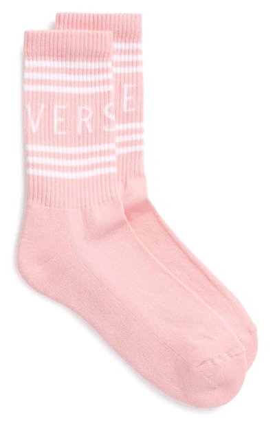 Shop Versace First Line First Line Stripe Crew Socks In Pink/ White