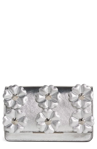 Shop Fendi Flower Leather Wallet On A Chain In Silver