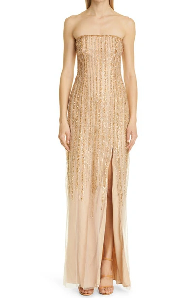Shop Marchesa Notte Strapless Beaded Tulle Column Gown In Gold
