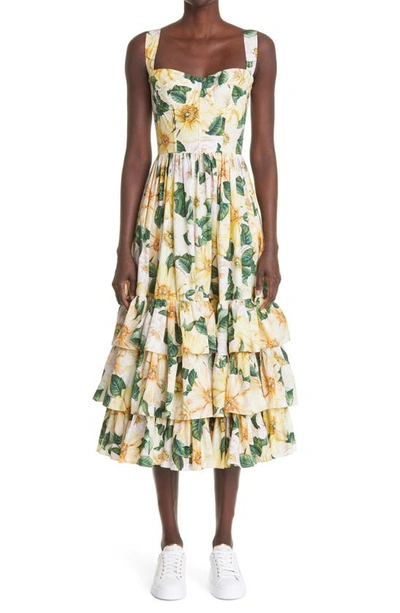 Shop Dolce & Gabbana Camellia Print Cotton Poplin Midi Dress In Yellow Camellia