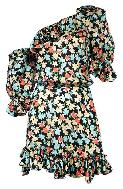 Shop Saint Laurent Floral Ruffle One-shoulder Silk Dress In Noir Multicolor