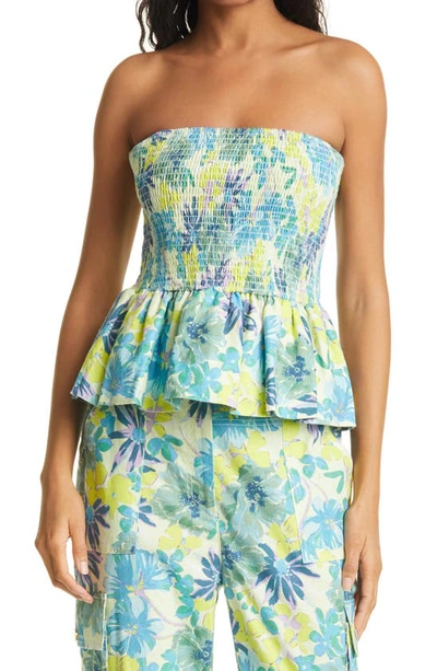 Shop Tanya Taylor Sofia Strapless Peplum Top In Hibiscus Floral Neon Yellow
