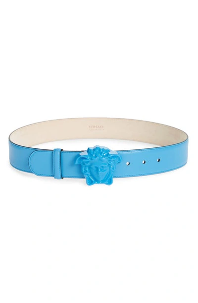 Versace Medusa Head Leather Belt In Baby Blue/gold | ModeSens