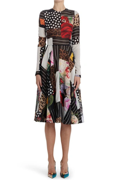 Shop Dolce & Gabbana Patchwork A-line Long Sleeve Midi Dress In Multi