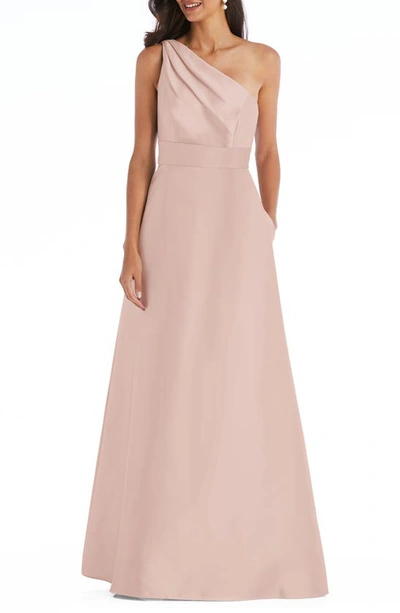 Shop Alfred Sung One-shoulder A-line Gown In Toasted Sugar