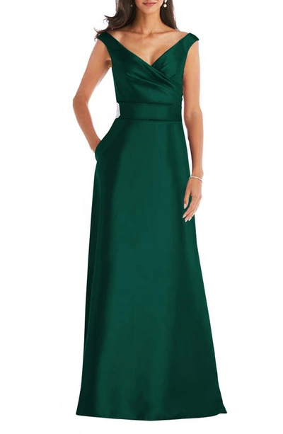 Shop Alfred Sung Off The Shoulder Satin Gown In Hunter