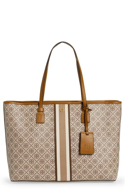 T.O.R.Y B.U.R.C.H 81964 T Monogram Zip Tote Bag in Granola Signature Coated  Canvas with Leather Trim Details - Women's Everyday Bag