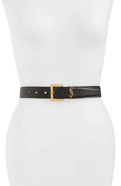 Saint Laurent Golden Ysl Monogram Leather Belt In Black