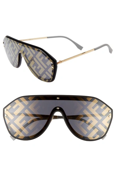 Shop Fendi 147mm Logo Lens Shield Sunglasses In Black/ Gold