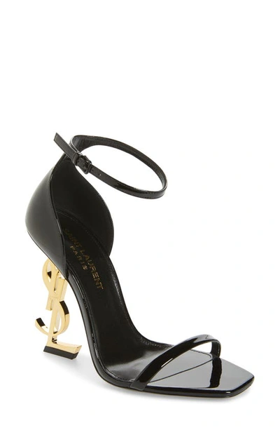 Shop Saint Laurent Opyum Ysl Ankle Strap Sandal In Black Patent/ Gold