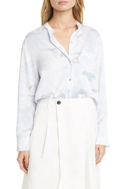 Shop Vince Painted Magnolia Band Collar Blouse In Powder Blue