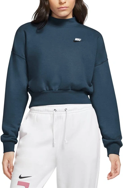 Shop Nike Sportswear Essential Fleece Mock Neck Sweatshirt In Deep Ocean/ White