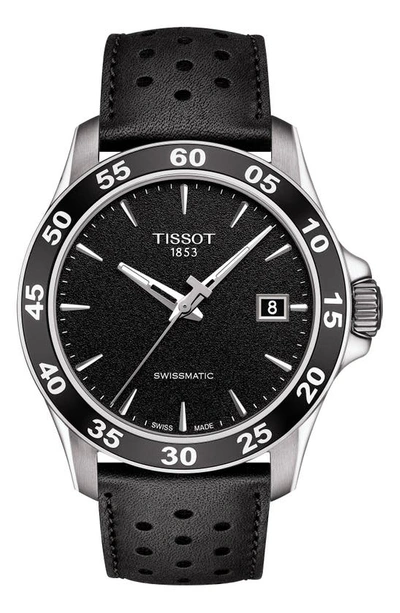 Shop Tissot V8 Swissmatic Perforated Leather Strap Watch, 42mm In Black/ Silver