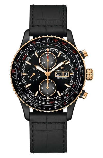 Shop Hamilton Khaki Aviation Converter Chronograph Leather Strap Watch, 44mm In Black/brown