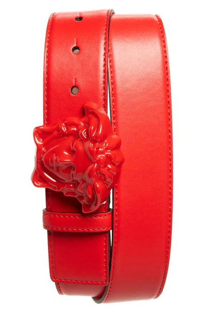 Shop Versace Medusa Head Leather Belt In Canna-canna- Gold