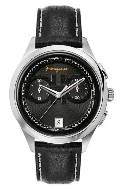 Shop Ferragamo Racing Chronograph Leather Strap Watch, 42mm In Silver/ Black
