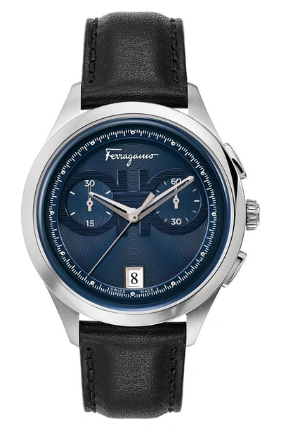 Shop Ferragamo Salvatore  Racing Chronograph Leather Strap Watch, 42mm In Silver/ Blue