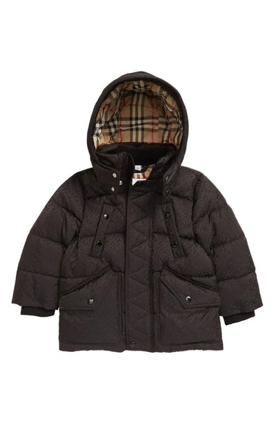 Shop Burberry Kids' Monogram Jacquard Down Hooded Puffer Coat In Black