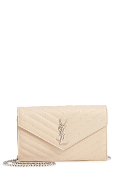 Shop Saint Laurent Monogramme Quilted Leather Wallet On A Chain In Poudre