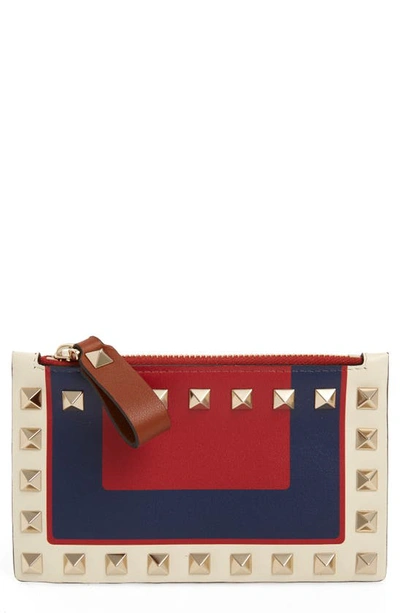 Shop Valentino Rockstud Leather Zip Card Case In Rosso